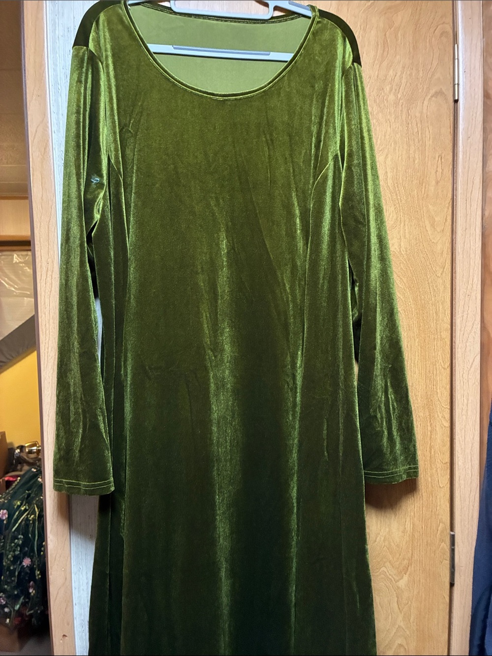 Olive Green Velvet Long-Sleeve Women's Dress